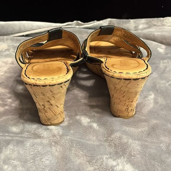 Born Morena Black Shiny Leather Cork Platform Wedge Slides Sandals - Picture 3 of 9